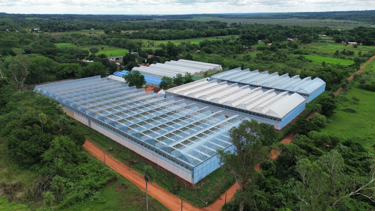 HidroBio AgroPark aerial drone view — commercial greenhouses in Paraguay