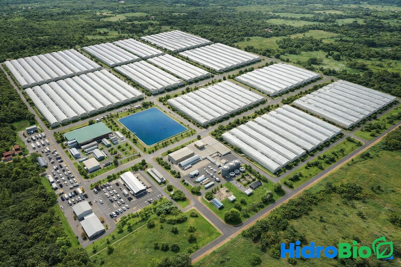 3D render of the full HidroBio AgroPark — 40 hectares of greenhouses on 100 ha of secured land